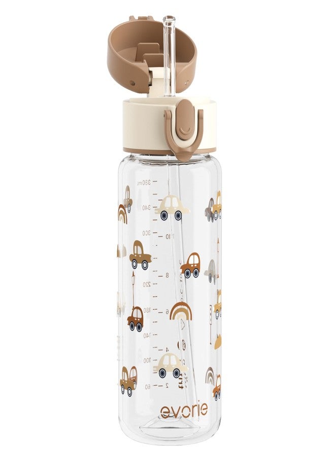 Evorie Tritan Kids Water Bottle with Straw, 13oz BPA-Free Leak Proof Drinking Bottle for School & Travel, Lightweight Clear Water Bottle with Carry Strap, Dishwasher Safe, for Kids Ages 3+, Choco Car - Image 1